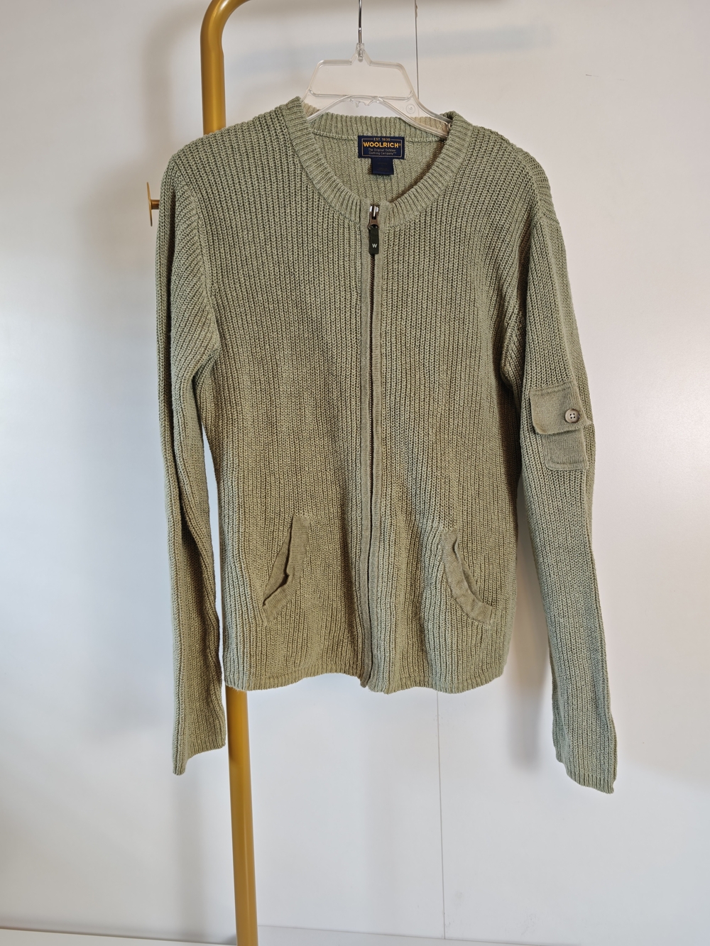 Vintage Granola Woolrich Sage Green Zip-Up Ribbed Knit Cardigan Minimalist Large